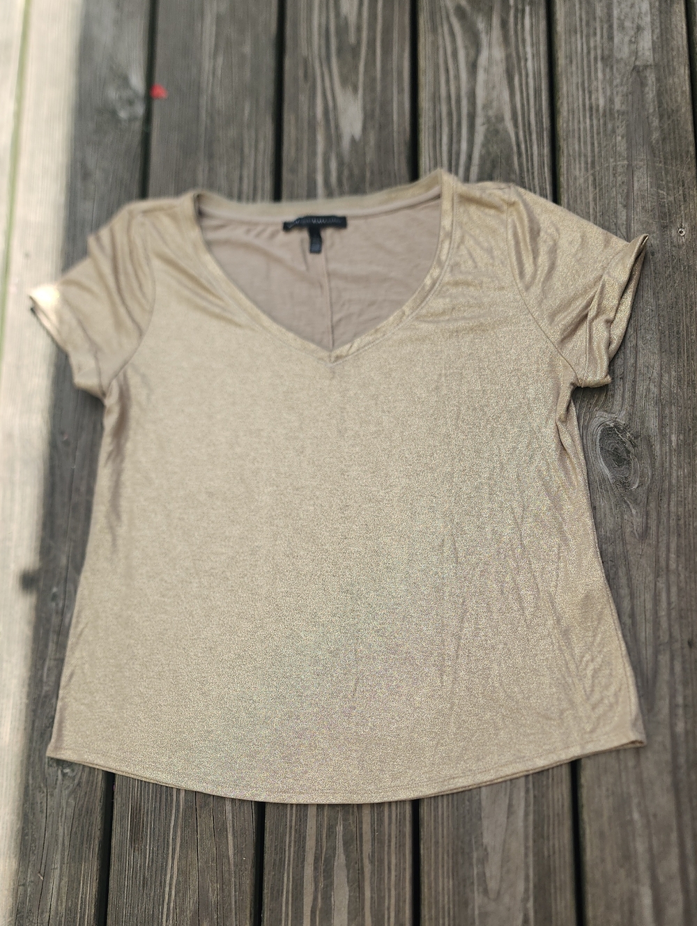 White House Black Market Metallic Gold V-Neck Short Sleeve Tee